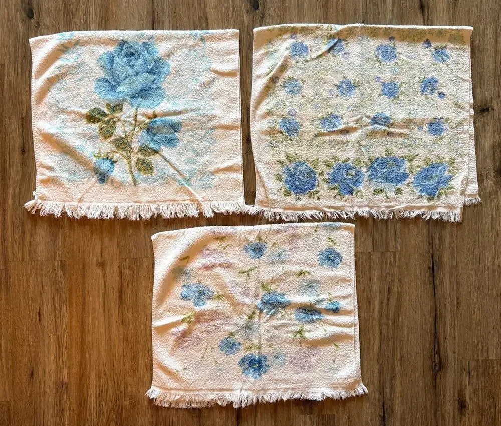 Vintage Cannon Towel 3 Blue Rose Floral Fringed Terrycloth Bath Towels MCM 70s